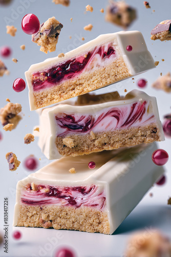 Three stacked protein bars or snacks coated in smooth white chocolate. Inside is a golden cookie crumb base and a glossy, bright pink layer of strawberry jam with realistic shimmer and glitter. Dubai 