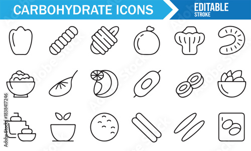 Cereal and Root Vegetable Icons Set Representing Energy Foods, Starches, and Carbohydrate Ingredients