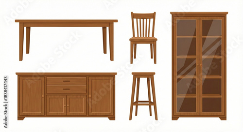 Wooden furniture set with a wooden table and chairs in a home interior setting