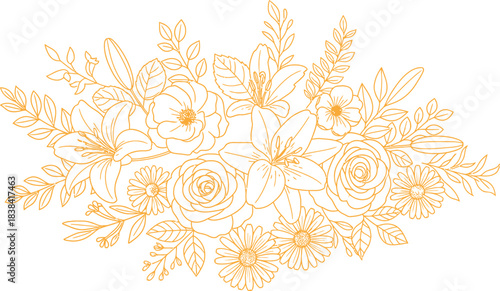 Hand draw Floral Botany Collection for coloring page outline. Elegant Flower Coloring Page – Botanical Sketch Artwork floral design elements for invitation, wedding, wallpaper, print template, vector 