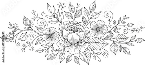 Hand draw Floral Botany Collection for coloring page outline. Elegant Flower Coloring Page – Botanical Sketch Artwork floral design elements for invitation, wedding, wallpaper, print template, vector 