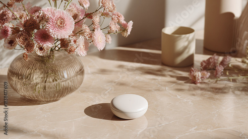 A minimalist decor showcasing a sleek, white circular object, a vase with flowers, and two pottery pieces. The scene evokes a sense of modern elegance and simplicity. 