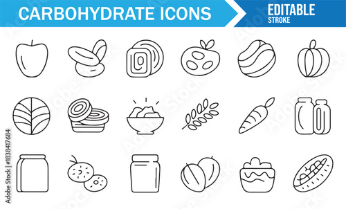 Carbohydrate Food Icon Set Featuring Grains, Bread, Fruits, Starches, Pasta, and Natural Ingredients