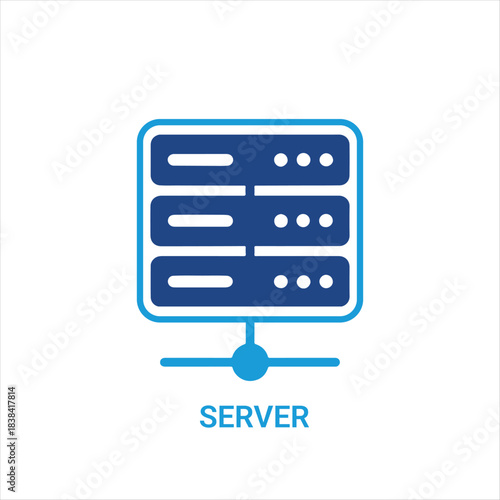 Modern server icon with stacked rack units, network connection base, and clean minimalist design representing data hosting, cloud infrastructure, information storage, and digital technology systems.