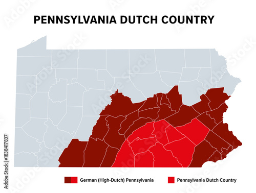 Pennsylvania Dutch Country, political map. The Pennsylvania Dutchland highlighted in red, and the larger region German or High-Dutch Pennsylvania, highlighted in maroon. Isolated illustration. Vector
