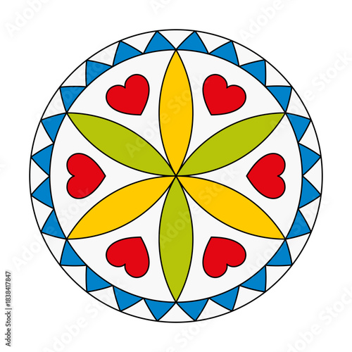 Hex sign, supposed to bring love and good luck. Pennsylvania Dutch folk art from 19th century. A hexafoil and six petal rosette surrounded by 6 red hearts, with a jagged blue border, on a white field.