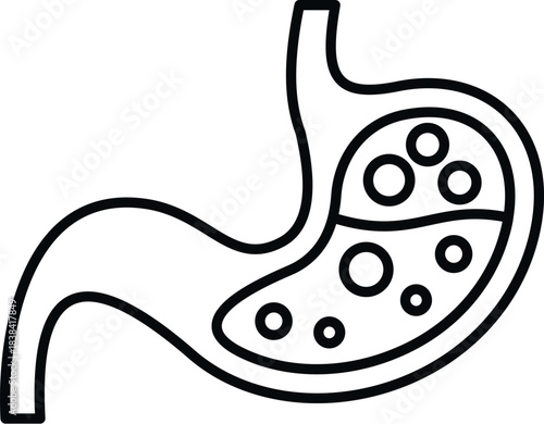 Human stomach experiencing indigestion, gas, or acid issues, showing internal fluid and bubbles