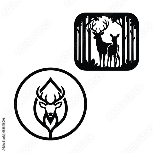 Majestic Deer Forest Silhouette: Minimalist Black Vector Landscape featuring Pine Trees and Wild Buck Silhouette