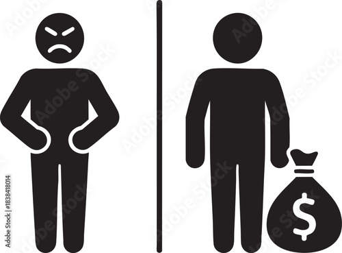Black and white inequality icon showing angry poor person with empty pockets beside wealthy individual with money bag, poverty and wealth gap symbol