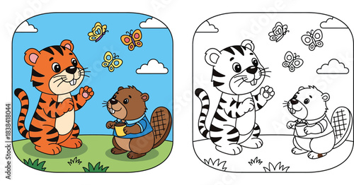 Cute cartoon tiger and beaver characters interacting in nature. Vector illustration of forest animals with butterflies, blue sky, and green grass background.