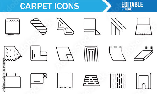 Vector Icon Set of Floor Coverings Including Rugs, Mats, Patterns, Fabric Rolls, and Decor Items
