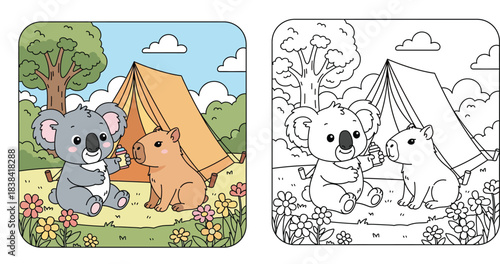 Cute cartoon koala and capybara characters camping together. Vector illustration of funny animals sitting near a yellow tent in nature with flowers and trees background.