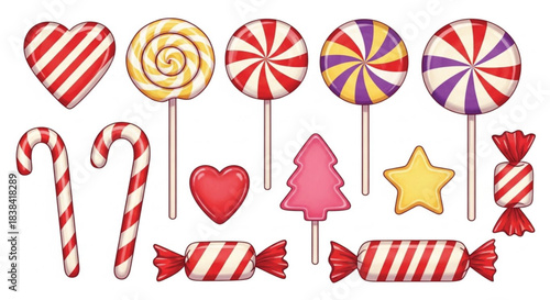 A collection of various colorful lollipops, candy canes, and wrapped candies, isolated on white background