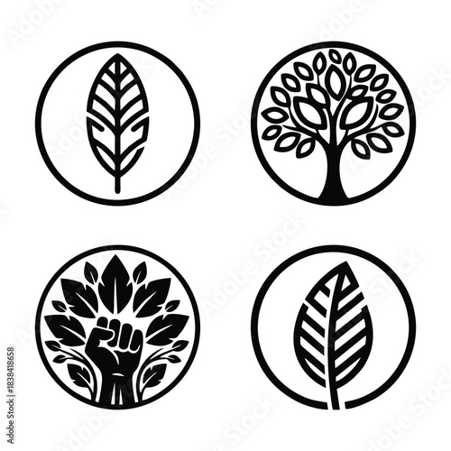 Circular Nature and Empowerment Icon Set: Vector Symbols of Minimalist Leaves, a Tree of Life, and a Fist within Foliage