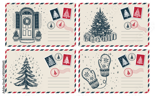 Christmas postcard with tree, New Year card