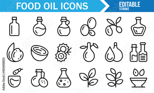 Food Oil Icon Set Featuring Olive, Coconut, Seed Oils, Bottles, Ingredients, and Plant Extract Symbols