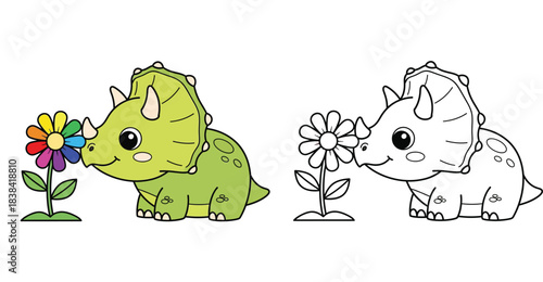 Cute cartoon triceratops dinosaur smelling a colorful flower. Vector illustration of a happy green dino with a rainbow plant, isolated on white background.