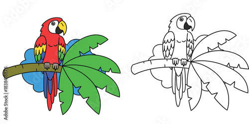 Cute cartoon parrot perched on a palm tree branch. Vector illustration of a colorful scarlet macaw bird with blue cloud background, isolated on white.