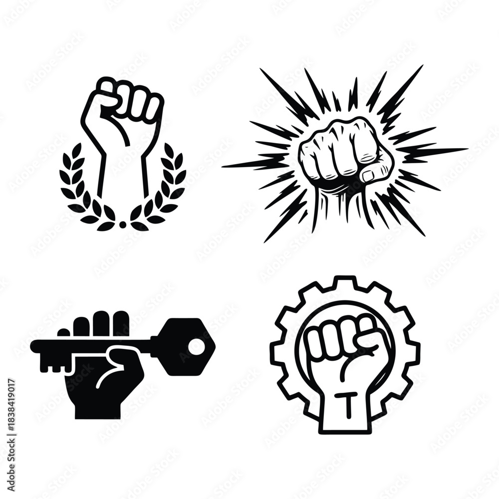 Fototapeta premium Raised Fist and Power Icon Set: Vector Symbols for Resistance, Solidarity, Industry, and Achievement