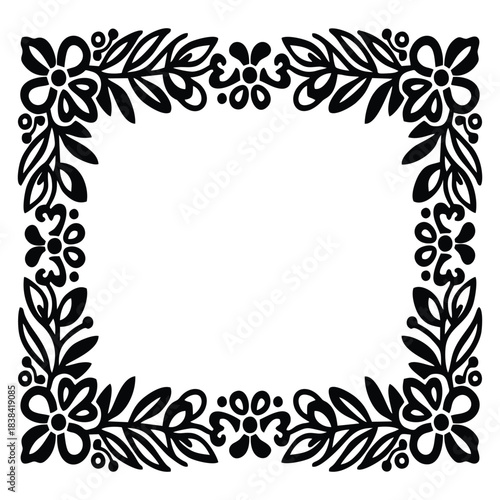 Square Floral Border Frame: Black Hand-Drawn Botanical Illustration with Symmetrical Flower and Leaf Patterns