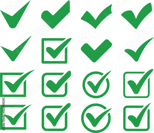 Collection of Green Checkmarks in Different Styles, Including Simple, Boxed, and Circular Designs