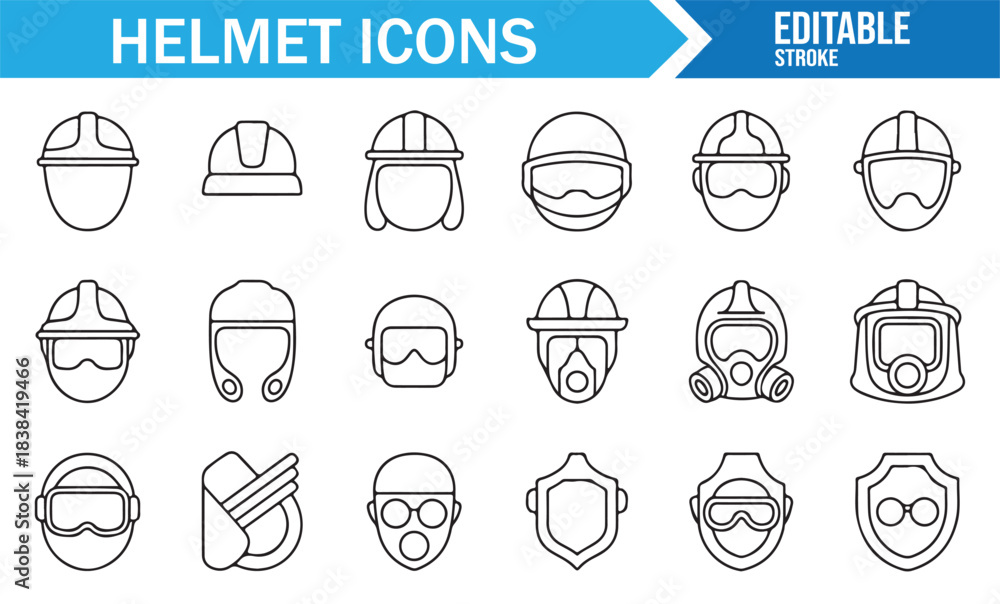 Fototapeta premium Safety Helmet Line Icons Set Featuring Construction Gear, Masks, Goggles, Shields, and Protective Equipment
