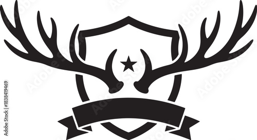 black silhouette of deer antler emblem on white background, vector