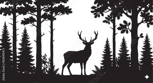 black silhouette of deer standing in forest on white background, vector
