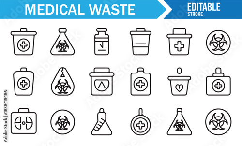 Healthcare Hazard Waste Icon Collection with Bins, Vials, Flasks, Containers, and Infection Symbols
