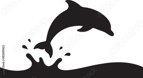 black silhouette of dolphin jumping out of water on white background, vector