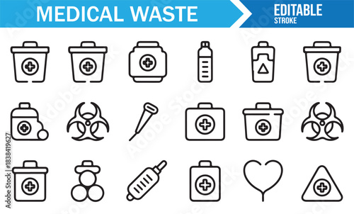 Safety and Hazard Icons for Medical Waste, Featuring Infectious Material Bins, Vials, and Warning Labels