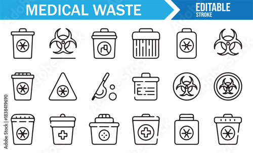 Hospital Waste Line Icons Depicting Sharps, Biohazard Bins, Medical Bottles, and Laboratory Containers
