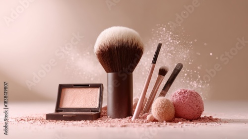 Aesthetic makeup still life featuring brushes, powder, and bronzer palette.