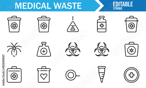 Clean Line Icons Representing Medical Disposal Items Such as Vials, Flasks, Biohazard Containers, and Waste Bins