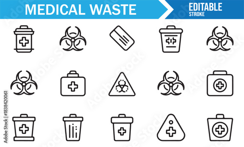 Medical Waste Icons Featuring Biohazard Bins, Sharps Containers, Vials, Hazard Labels, and Disposal Symbols