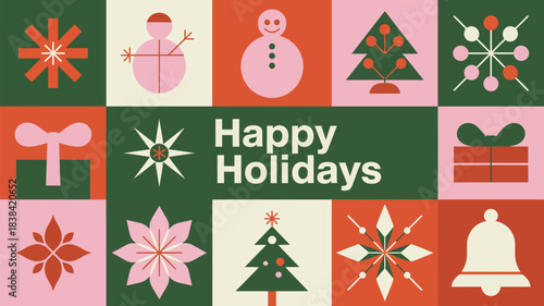 Festive happy holidays greeting card with modern geometric winter icons including trees, gifts, snowflakes, flowers and seasonal decorative illustrations