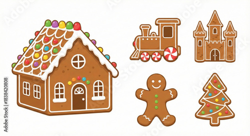 Christmas Gingerbread cookies in the shape of house, train, castle, man and tree