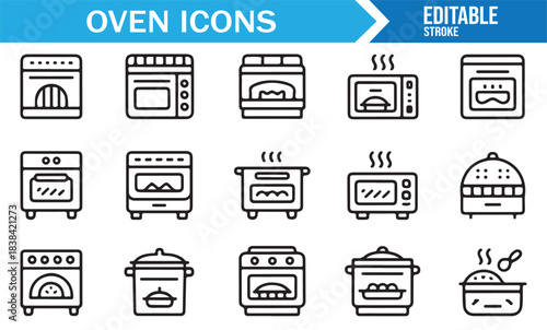 Kitchen Oven Line Art Icons Showing Baking, Heating, Roasting, and Cooking Tools