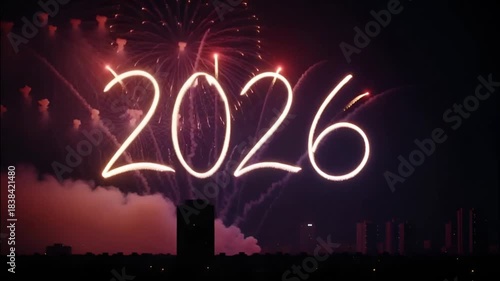 Fireworks display illuminating the night sky with the number 2026 