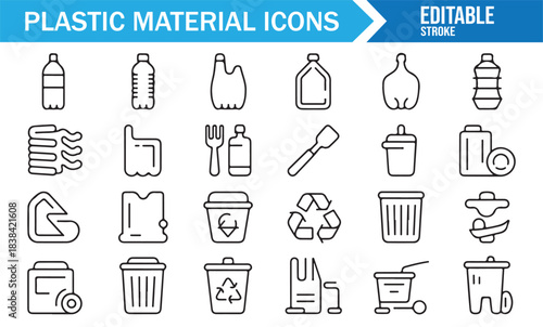 Line Stroke Icons Depicting Plastic Packaging, Recycle Bins, Containers, and Environmental Concepts
