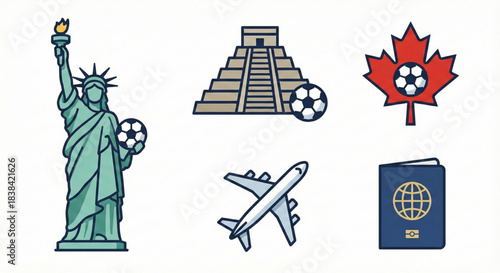 Collection of travel and sports vector icons depicting famous international landmarks and global soccer themes