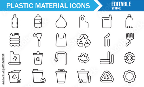 Set of Plastic Waste Icons Showing Bottles, Bags, Bins, Cups, and Recyclable Material Symbols