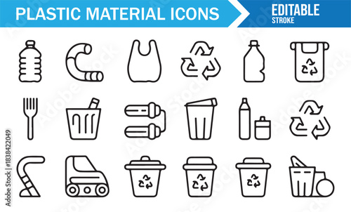 Plastic Material Icon Set with Bottles, Bags, Containers, Recycling Bins, and Waste Management Symbols