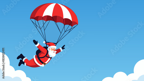 Santa Claus skydiving through the air against blue sky with clouds, Merry Christmas from the Skyline, Santa's Express Delivery, Christmas Jump Day, vector, room for text