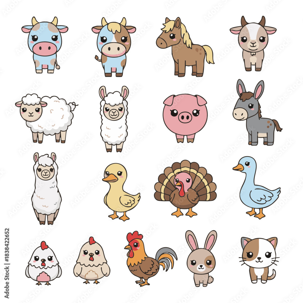 Fototapeta premium Cute flat kawaii vector set of 15 farm animals including cow, horse, sheep, goat, pig, llama, donkey, goose, duck, turkey, chicken, rooster, rabbit, dog and cat, isolated on white background