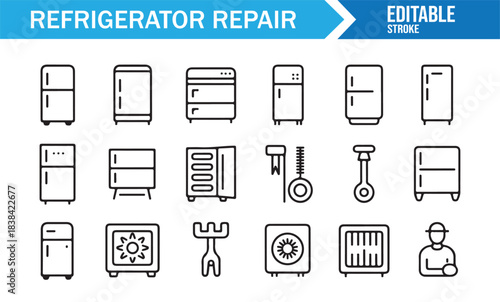 Clean Stroke Icons Depicting Refrigerator Maintenance, Compressor Repair, and Kitchen Appliances
