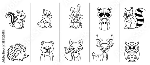 Cartoon woodland animal icon set featuring skunk, chipmunk, rabbit, raccoon, squirrel, hedgehog, bear, fox, deer, and owl