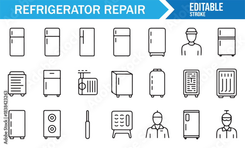 Set of Refrigerator Repair Icons with Fridges, Tools, Technicians, and Cooling Equipment in Clean Line Style