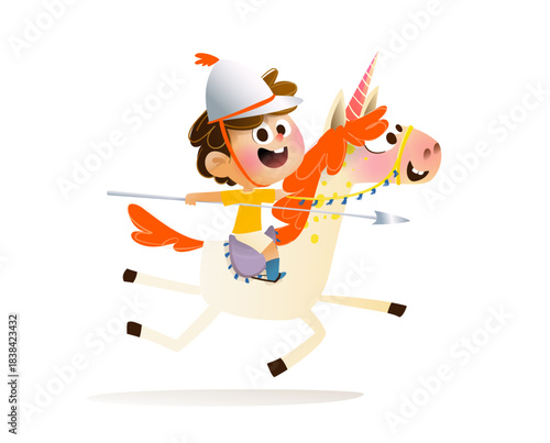 A smiling child boy rides a magical unicorn or horse pretending to be a brave knight. Fun children fantasy games cartoon, brave and joyful little hero. Vector illustration of kids playing games.