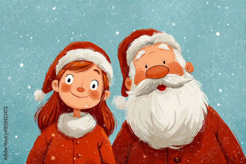 Friendly Santa and Miss Claus in children’s 2D cartoon style, full-body view, bold simple lines, smooth colors, light snowfall, joyful winter atmosphere, high-resolution vector illustration.